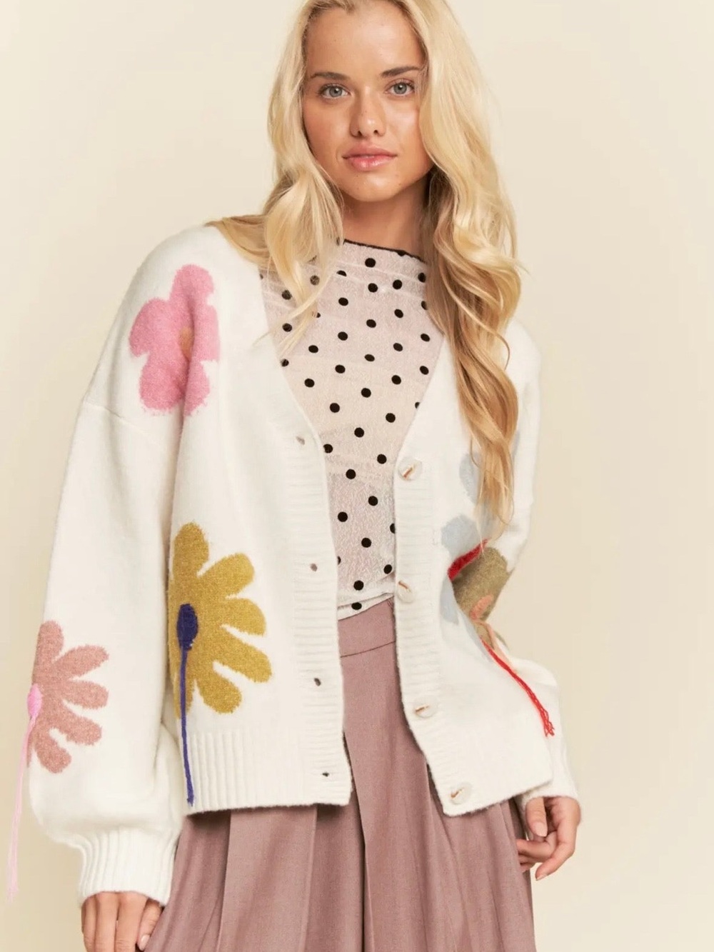 White Floral Button-Front Cardigan Sweater